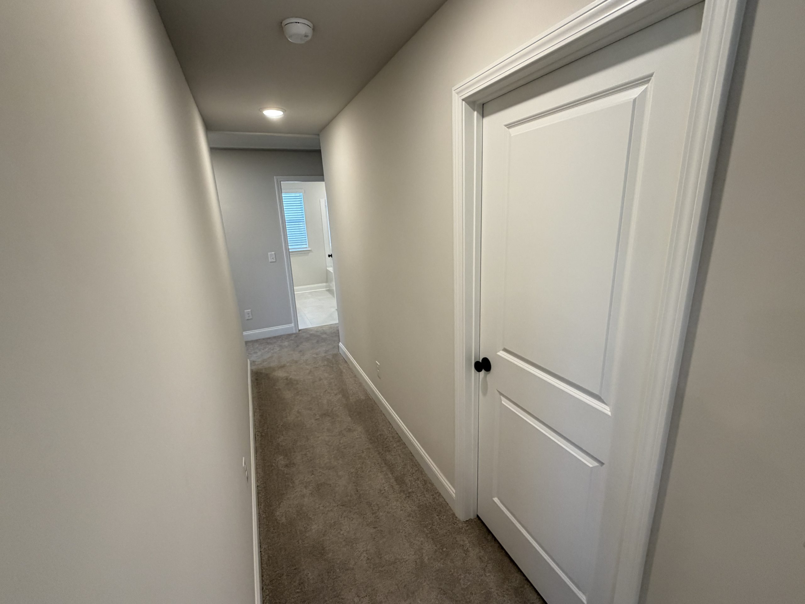 Narrow carpeted hallway with white doors on the right, beige walls, and a ceiling light; a second doorway visible at the end.