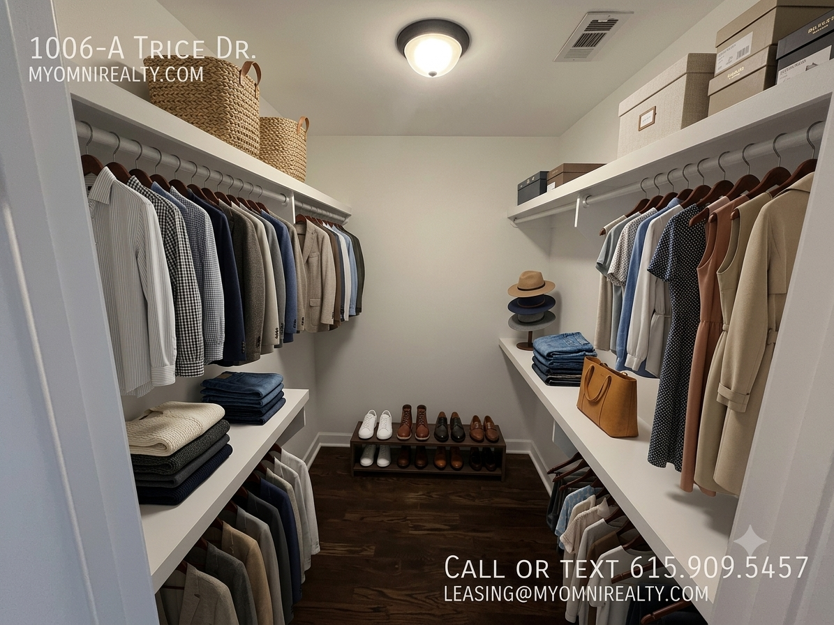 Bright walk-in closet with clothing on both sides, shelves of folded garments, hats, and a shoe rack at the back; boxes on upper shelves and leasing contact info visible.