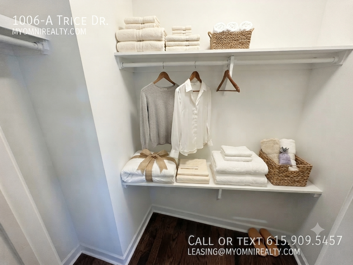Well-organized closet display with two hanging shirts, folded towels, and baskets on white shelves; promotional address and contact text overlaid on image.
