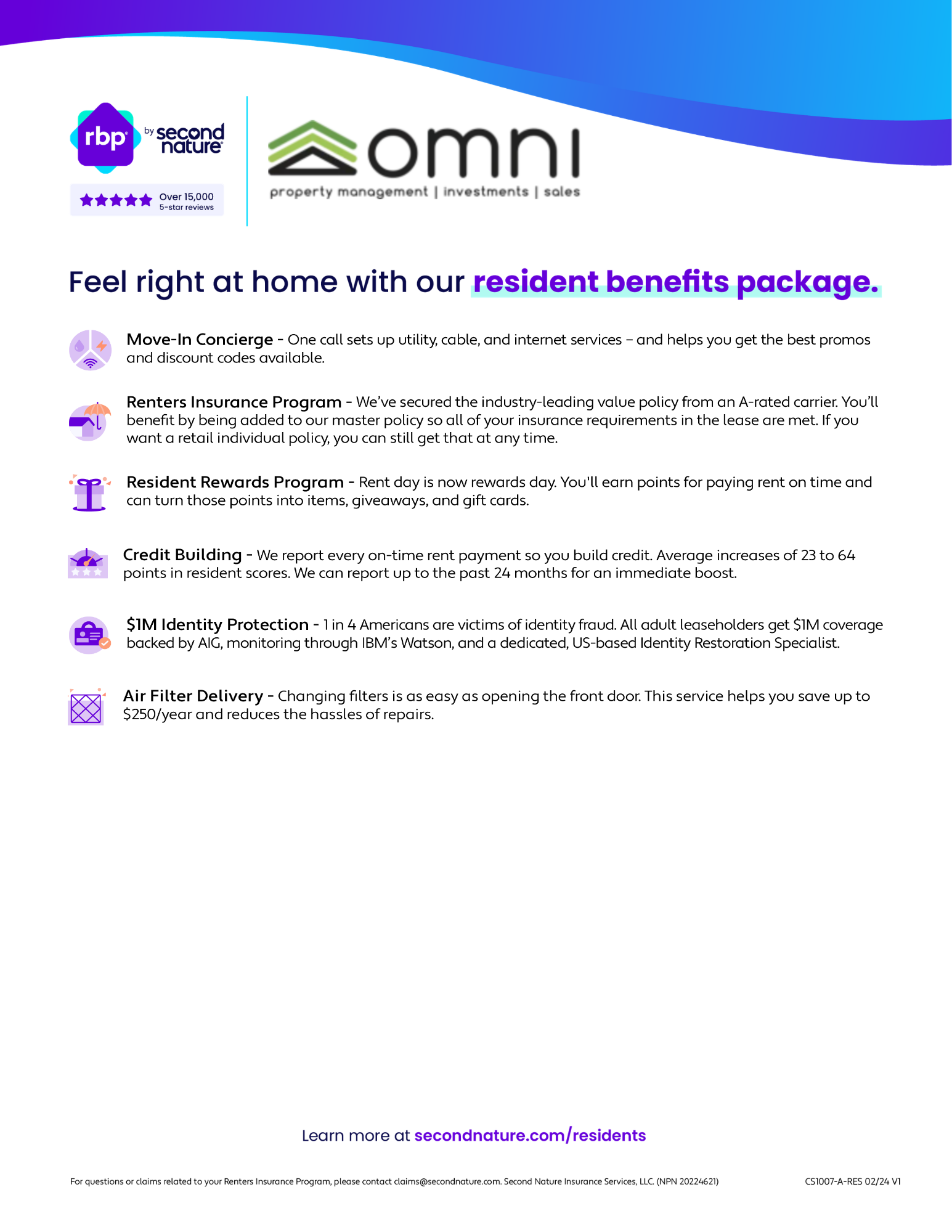 Promotional infographic about OMNI resident benefits package, listing Move-In Concierge, Renters Insurance, Resident Rewards, Credit Building, and Air Filter Delivery.