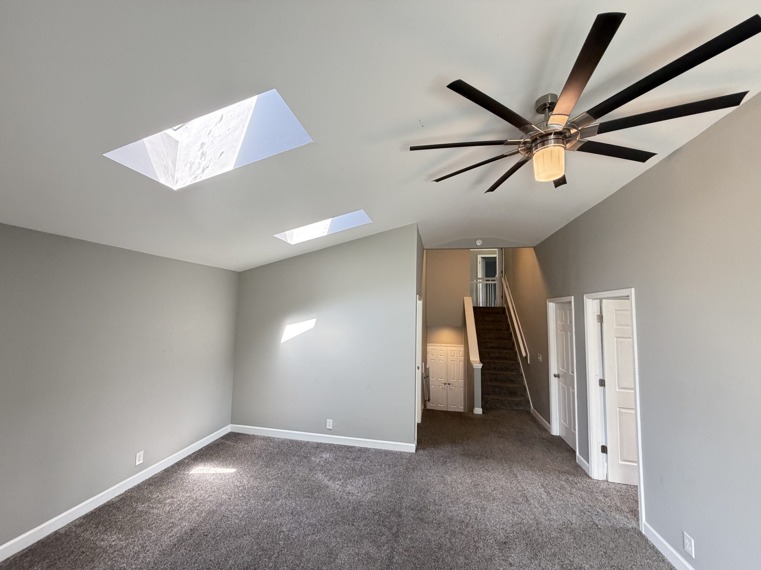 Open two-story foyer with gray walls, carpeted floor, large ceiling fan with dark blades, and skylights in the sloped ceiling letting in daylight.