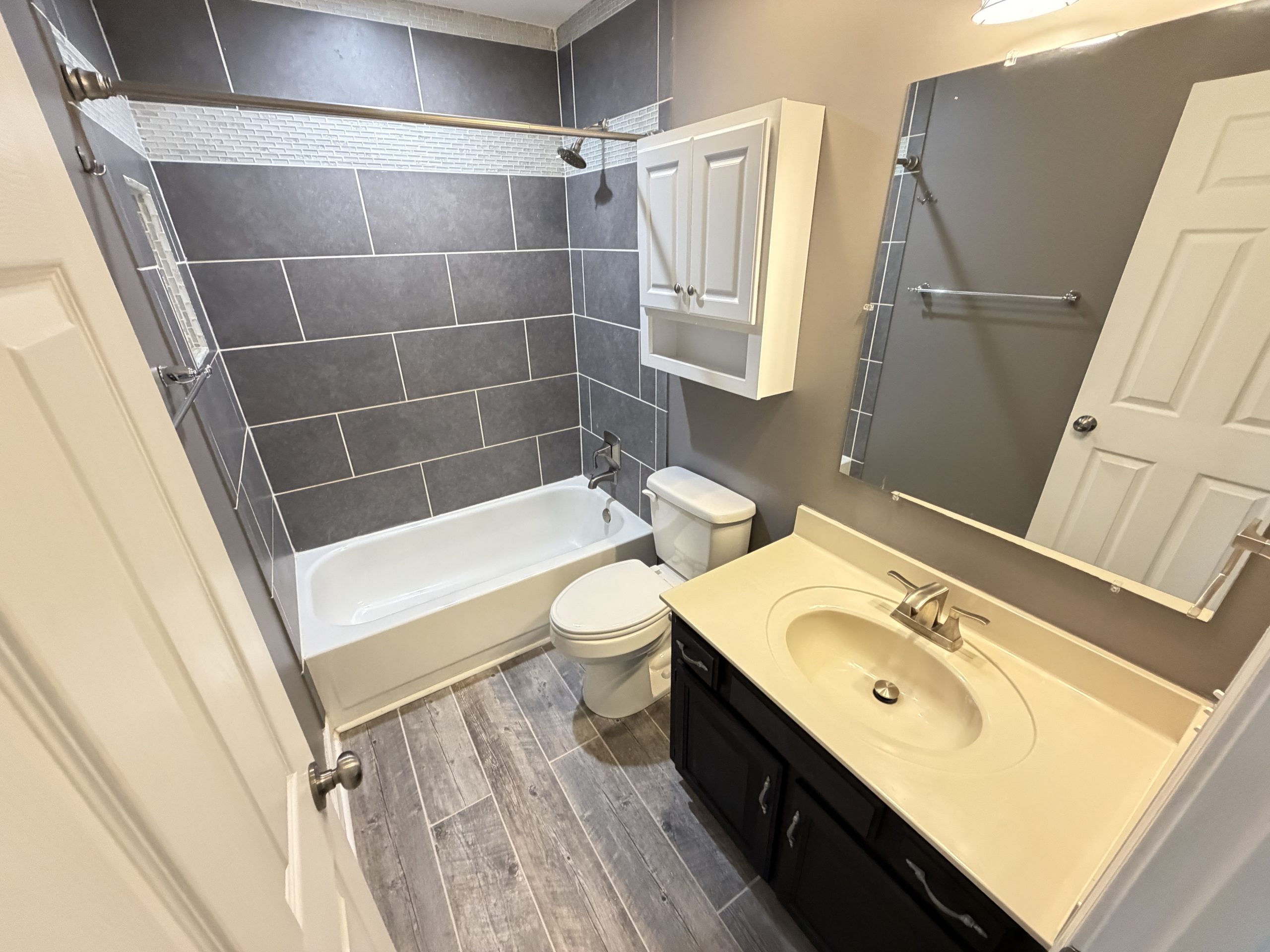 Modern bathroom with a gray tiled shower, white tub, toilet, and double-sink vanity.
